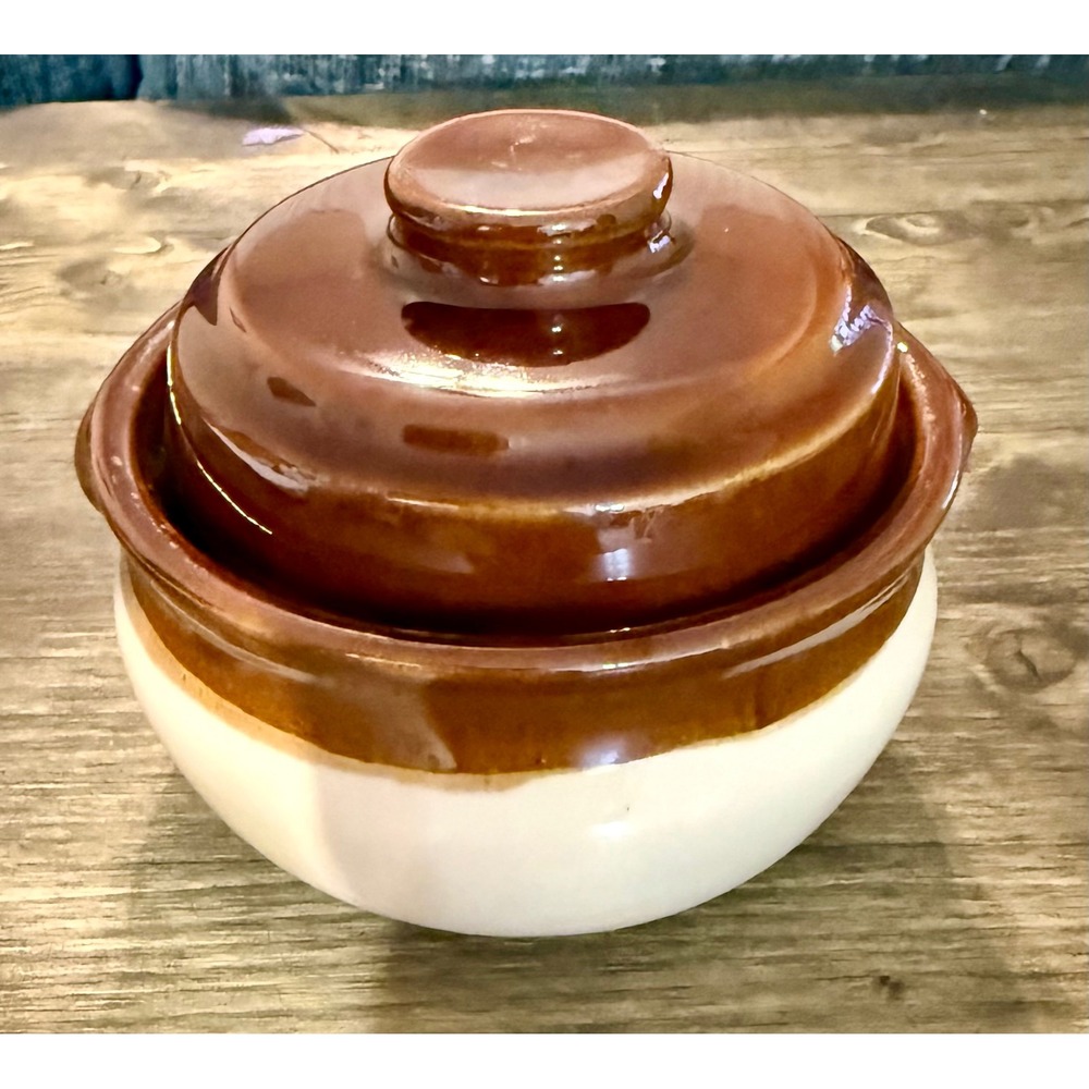 McCoy Stoneware Bean Pot Crock Small Brown Cream Excellent Two-Tone Glazed